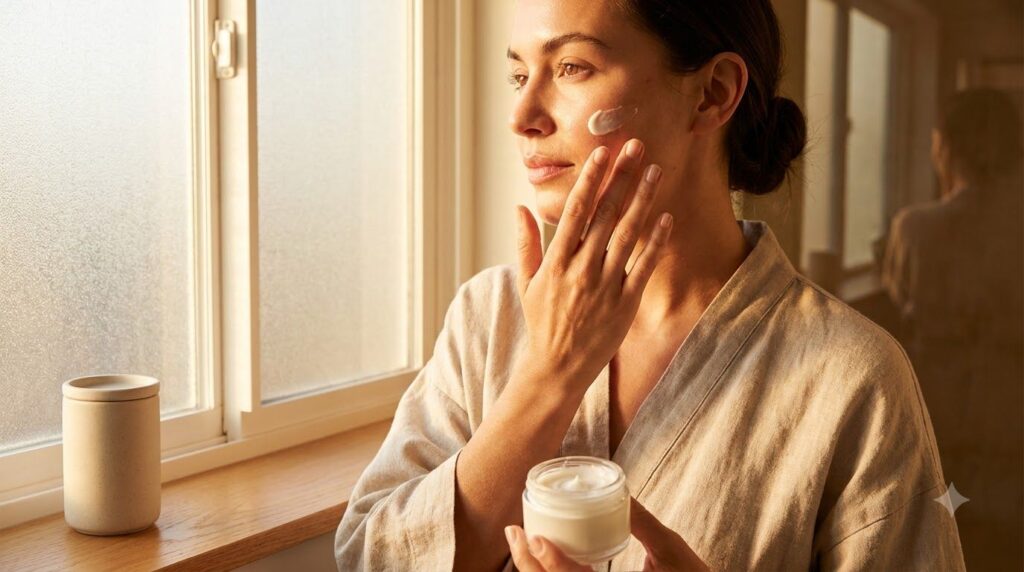 A woman gently applying a small amount of the Vaseline and Aspirin balm to her cheek illustrating a spot treatment or fa