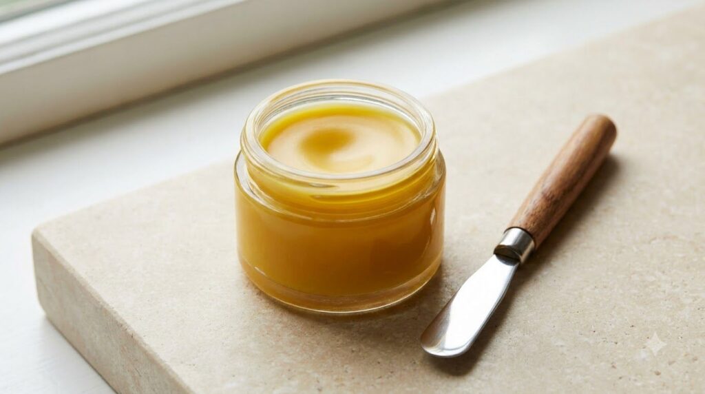 A small clear glass jar containing a golden-yellow smooth balm made from petroleum jelly and turmeric with a small mixin