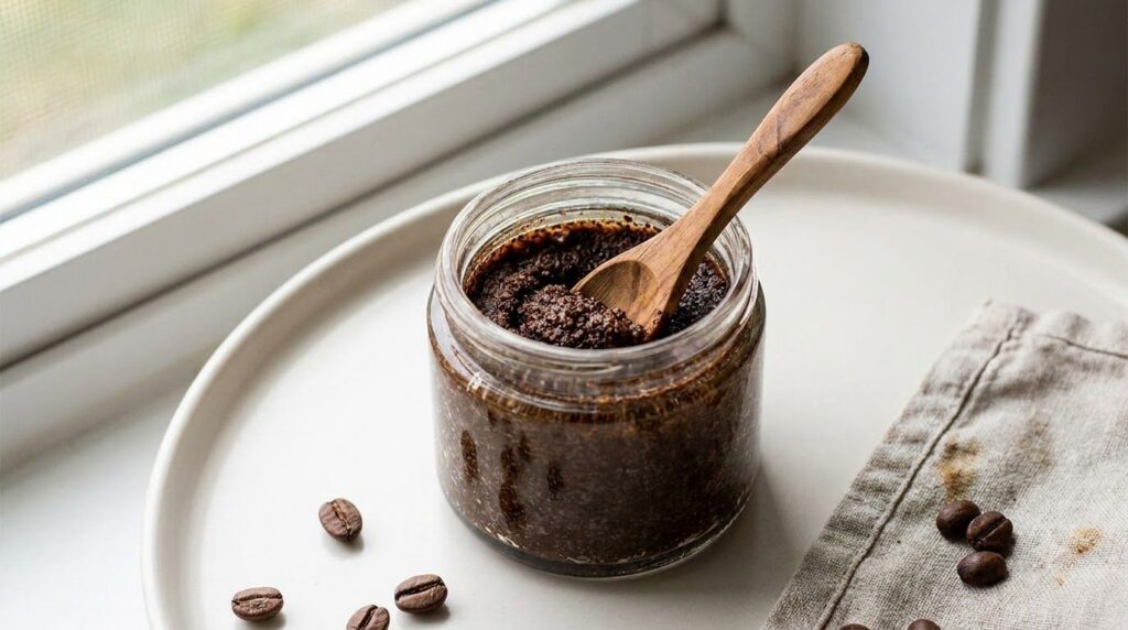 A small clear glass jar containing a dark brown textured balm made from petroleum jelly and coffee grounds with a tiny s