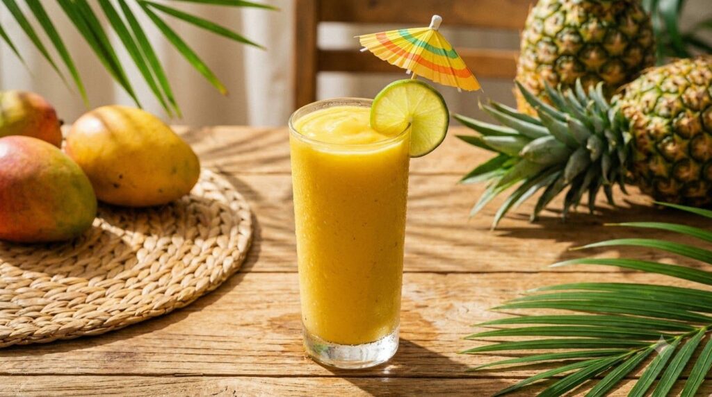 A tall glass of vibrant yellow tropical smoothie garnished with a lime slice and a small umbrella