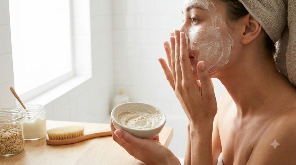 A person applying a thick creamy face mask to their clean face with their fingertips in a brightly lit bathroom The mask