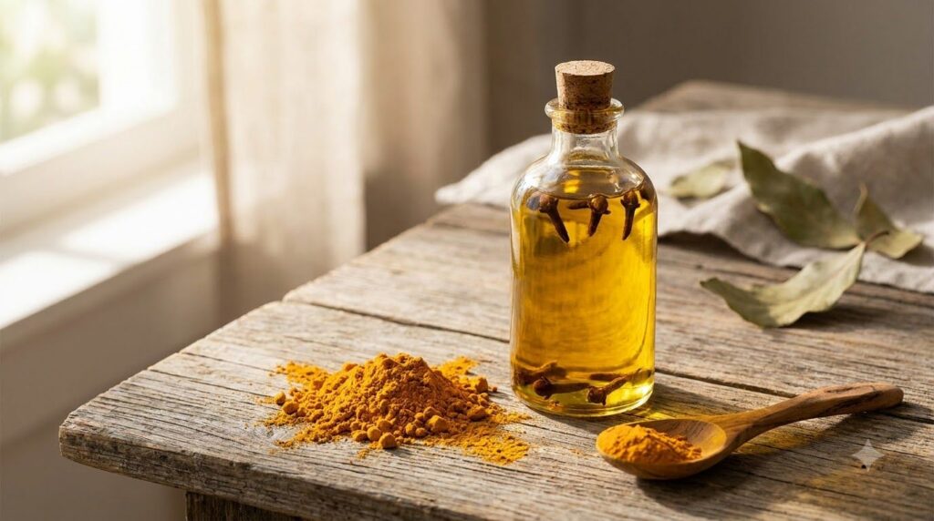 A small glass bottle filled with a golden-yellow liquid and whole cloves with a small pile of turmeric powder and a wood