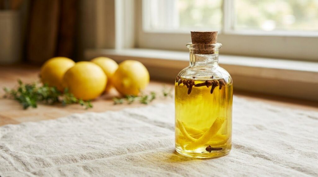 A close-up of a small glass bottle filled with a bright yellow liquid and whole cloves with fresh lemons in the backgrou