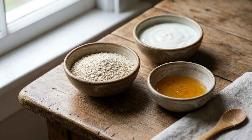 Close-up of the three main ingredients finely ground oatmeal in a small bowl plain yogurt in another small bowl and a sp