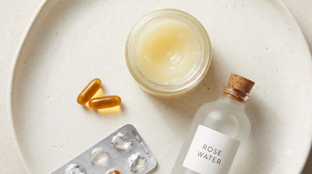 A collection of the three main ingredients an open jar of Vaseline a few Vitamin E softgel capsules and a bottle of rose