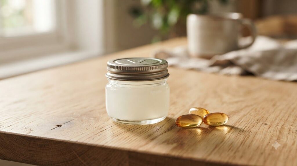 Close-up shot of a small jar of Vaseline and a couple of Vitamin E capsules on a wooden surface highlighting the two mai