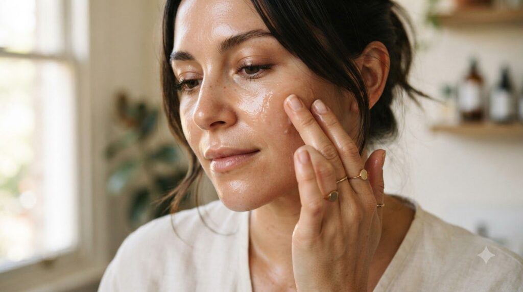 A woman s hand gently massaging a small amount of the Vaseline and Vitamin E mix onto her cheek showing careful applicat