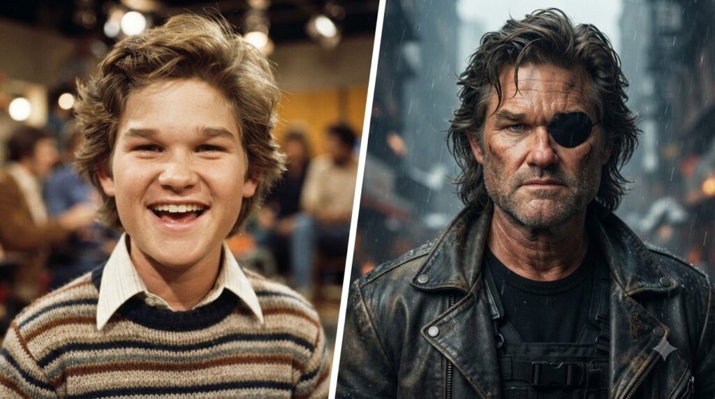 A side-by-side comparison of young Kurt Russell as a child actor and an adult Kurt Russell as a seasoned action star sho