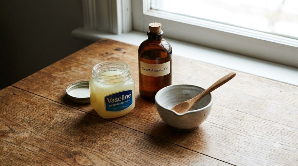 Ingredients for the balm a jar of Vaseline a bottle of sweet almond oil and a small mixing bowl with a spoon arranged on