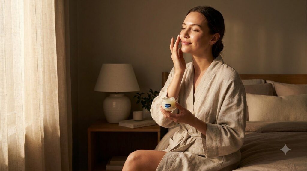 A woman gently massaging a small amount of the Vaseline-based balm onto her clean face before bedtime with soft ambient 