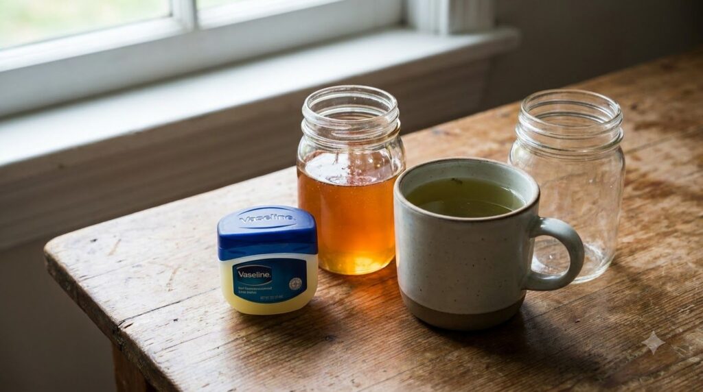 Ingredients laid out for the DIY Vaseline Honey and Green Tea Glow Balm a small pot of Vaseline a jar of honey a cup of 
