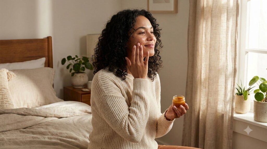 A woman is gently applying a small amount of the homemade Vaseline Honey and Green Tea Glow Balm to her cheek with her f