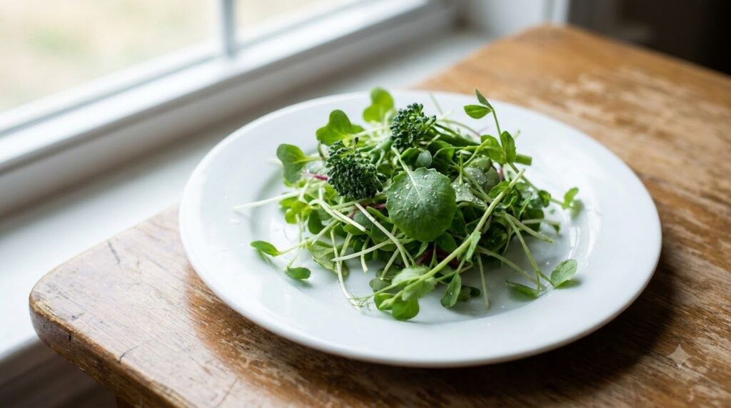Close-up of vibrant freshly harvested microgreens such as radish or pea shoots beautifully arranged on a white plate rea