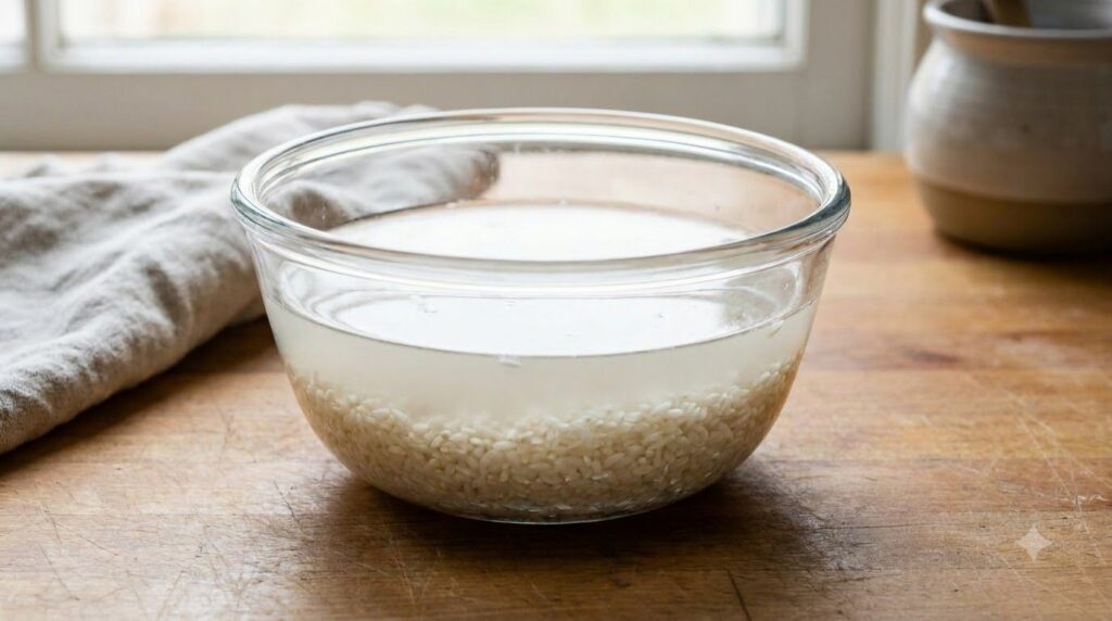 Close-up of rice soaking in a bowl of water becoming cloudy with uncooked rice next to it