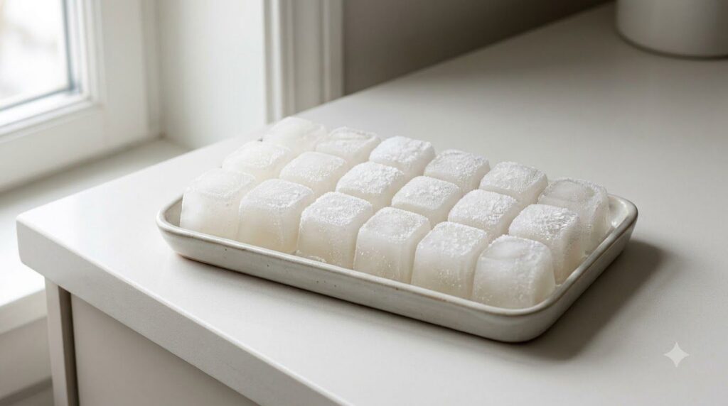 Rice water ice cubes in a tray ready to be used with a focus on their frosted appearance