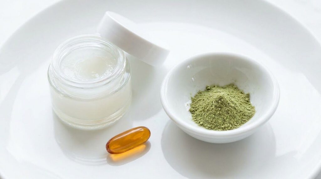 Close-up of ingredients for a DIY mask a small jar of Vaseline a Vitamin E capsule and a small amount of green powder in