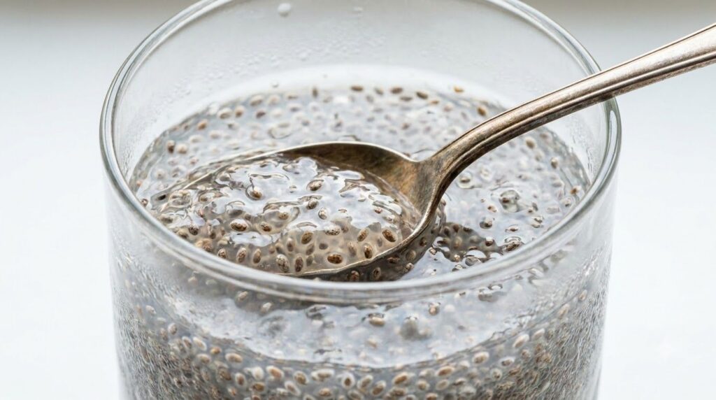 A close-up of a clear glass containing chia seeds soaking in water with a spoon resting against the side demonstrating t