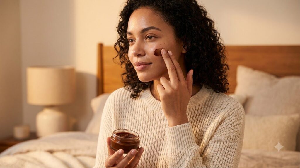 A woman gently applying a small amount of the finished cocoa beauty butter onto her face before bedtime with a soft glow