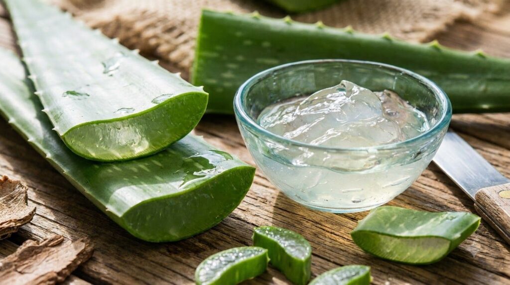 Close-up of fresh aloe vera leaves and gel in a bowl highlighting its moisturizing and healing properties