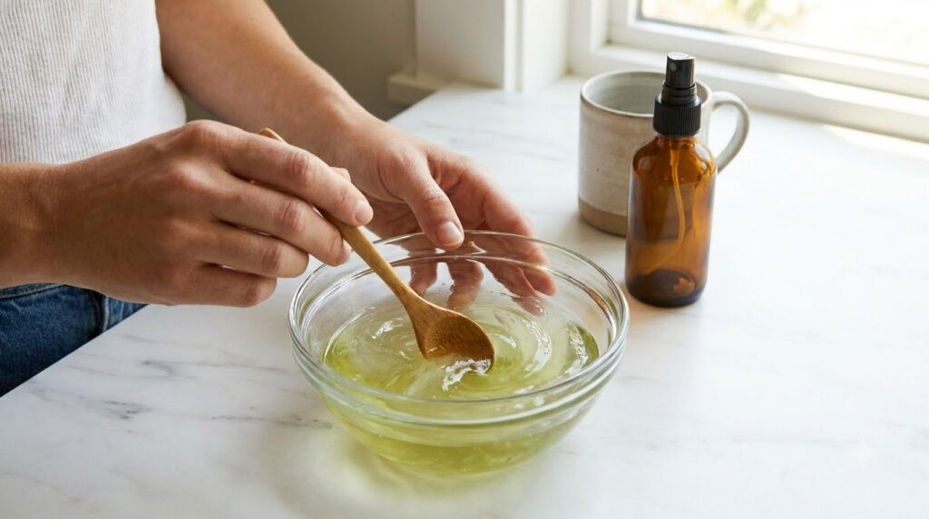 Hands mixing fresh aloe vera gel with brewed green tea in a bowl with a small spray bottle nearby