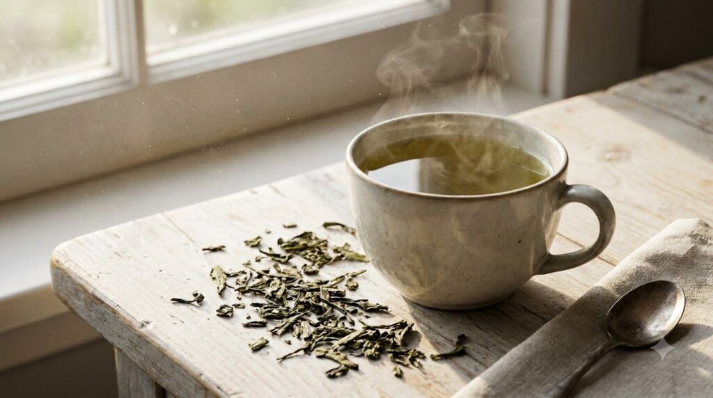 A cup of brewed green tea with green tea leaves scattered around illustrating its antioxidant benefits for skin
