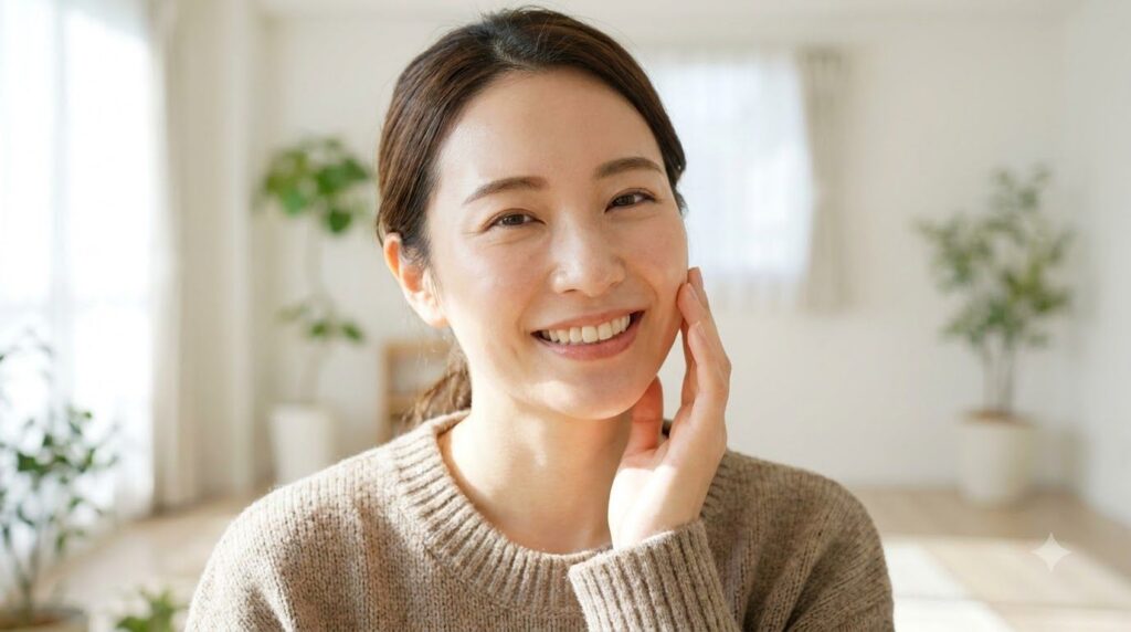 A woman smiling touching her glowing clear skin suggesting the positive effects of the elixir