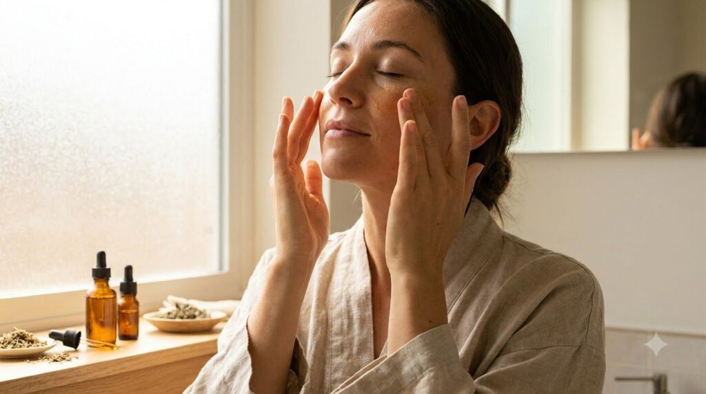 A woman gently massaging the homemade rice and rose beauty oil onto her face looking serene and enjoying the self-care m