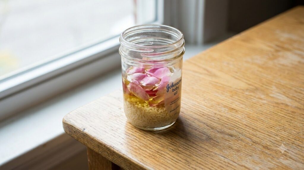 A close-up of a small glass jar filled with Johnson s Baby Oil white rice grains and fresh pink rose petals showing the 