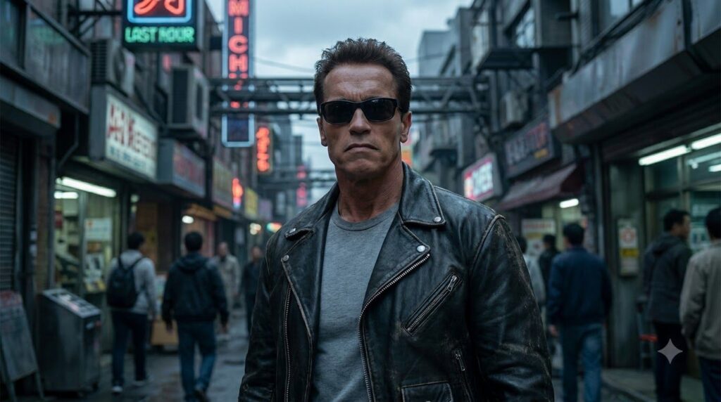 Arnold Schwarzenegger as the Terminator wearing a leather jacket and sunglasses with a serious expression