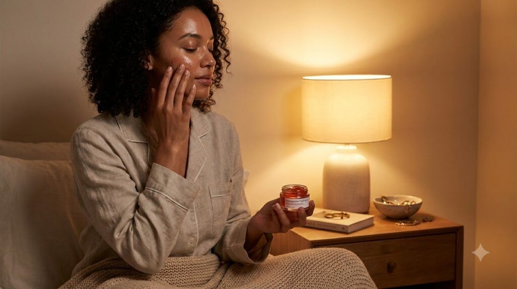 A woman gently applying the Pomegranate Night Gel to her clean face before bedtime with a soft glowing complexion Her ey