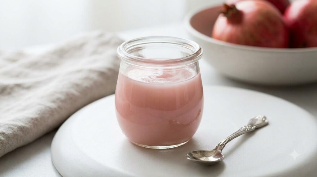A small clear glass jar filled with the finished Pomegranate Night Gel with a smooth light pink texture A tiny spoon or 