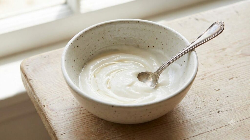 A close-up of a small bowl containing a creamy mixture of Vaseline and aloe vera gel with a mixing spoon