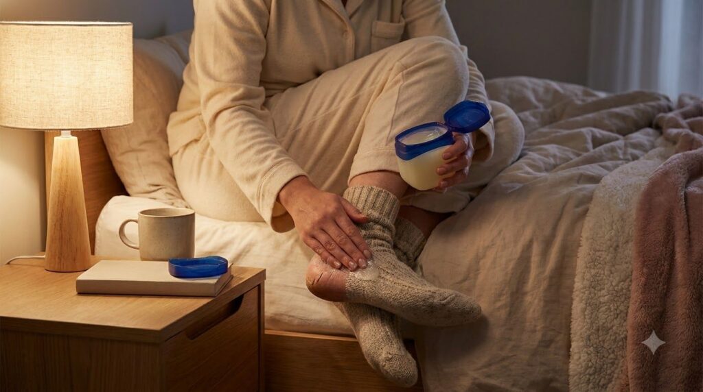 A person applying Vaseline to their dry heels before bed