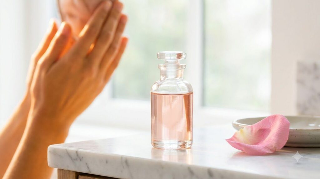 A small clear glass bottle filled with a rosy-tinted oil sitting on a vanity next to a fresh rose petal and a hand gentl