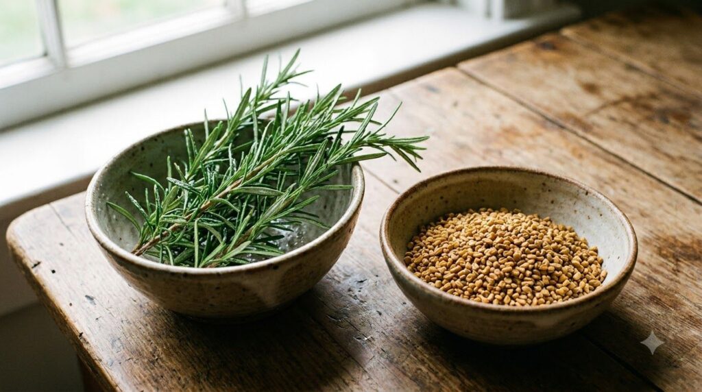 Close-up of fresh rosemary sprigs and fenugreek seeds in separate small bowls with a rustic background or wooden surface