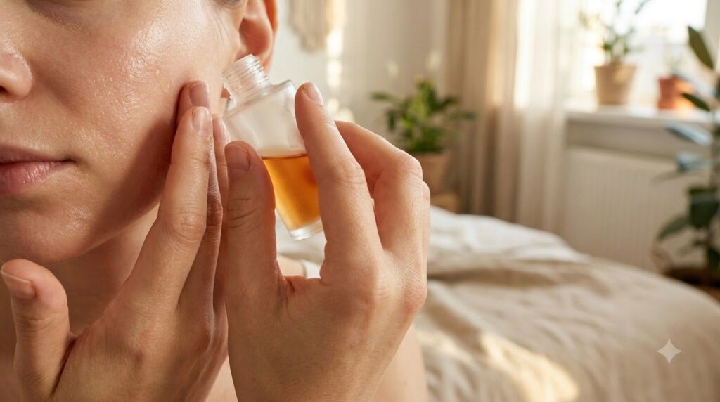 Close-up of a woman gently massaging a few drops of serum into her clean glowing skin Her skin looks hydrated and radian