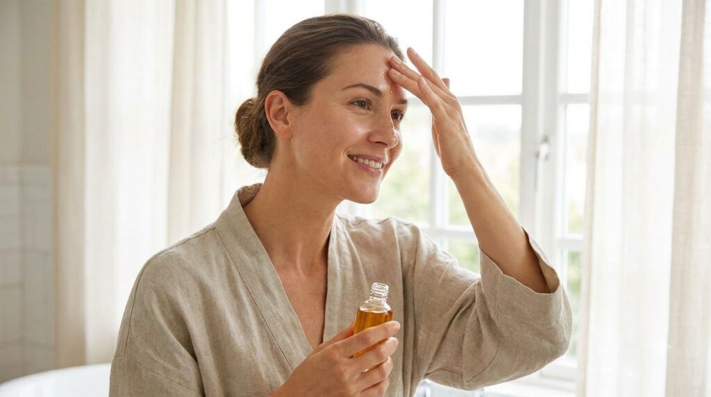A woman gently massaging a few drops of face oil onto her clean glowing skin in a bathroom mirror reflection