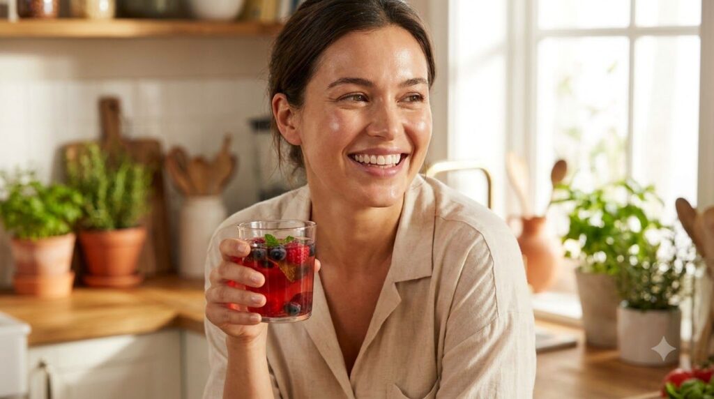 A woman smiling holding a smoothie or drink with the mixed beauty powder appearing fresh-faced and radiant in natural li