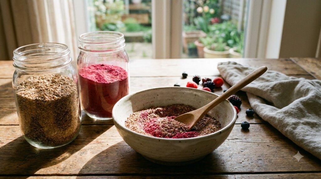 Two glass jars one filled with ground flaxseed meal and another with berry powder next to a bowl where the two powders a