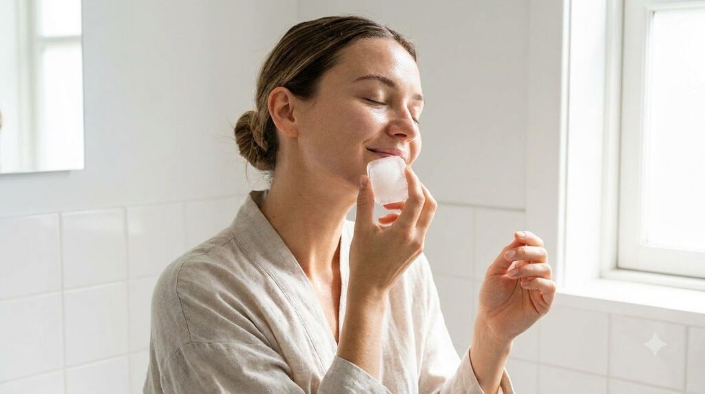 A woman gently rubbing a rice water ice cube on her cheek with a calm and natural expression in a bright bathroom settin