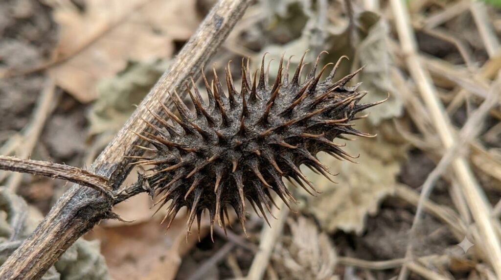 A close-up of a single mature brown spiky burr of Rough Cocklebur showing its hooked spines clearly