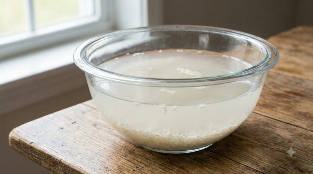 Close-up of a bowl with white rice soaking in water creating cloudy rice water with a mint leaf in the corner