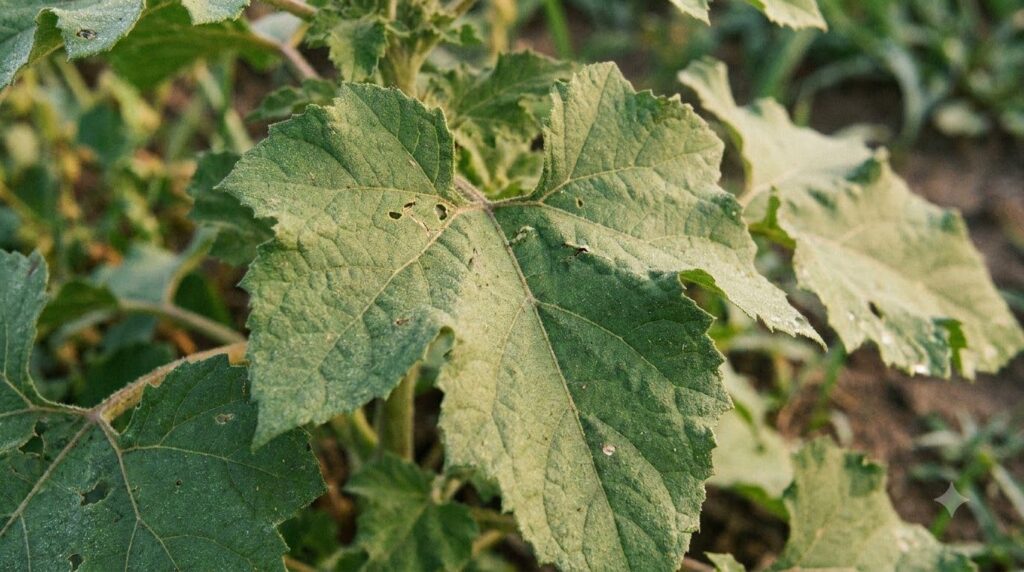 A close-up of the rough large and somewhat lobed green leaves of a Rough Cocklebur plant