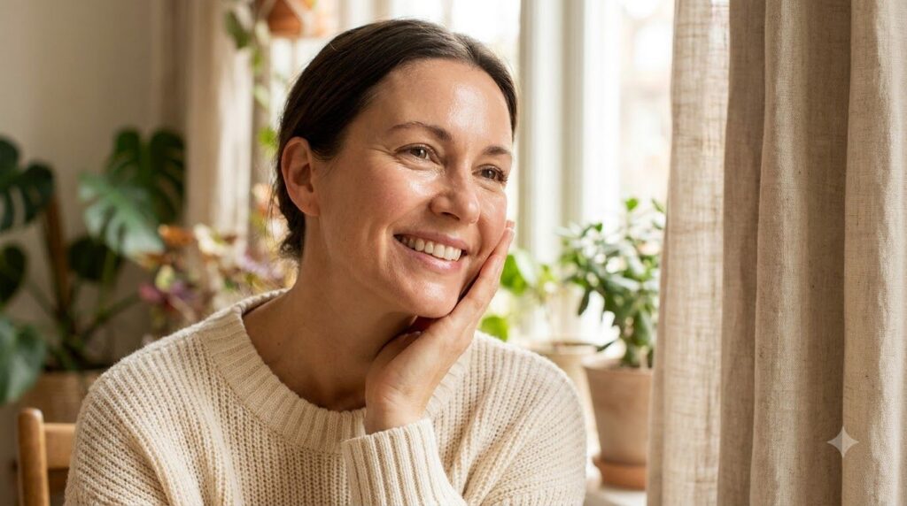 A woman in her 40s smiling touching her visibly smooth glowing cheek reflecting happiness and healthy skin