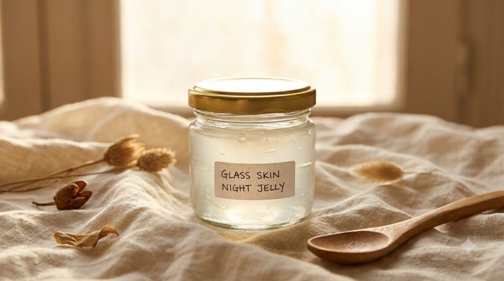 A close-up of the prepared DIY Glass Skin Night Jelly in a small elegant glass jar showing its smooth translucent textur