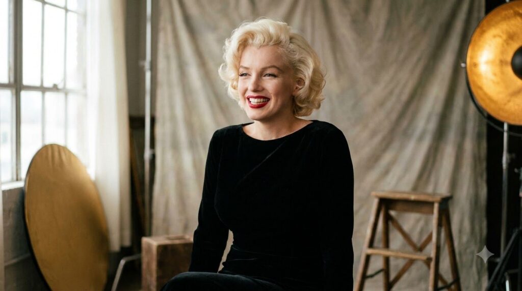 Marilyn Monroe as an adult with her signature platinum blonde curls and glamorous makeup smiling radiantly