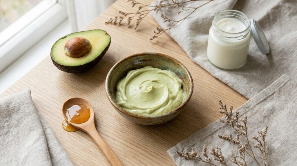 A close-up of a small bowl containing a creamy light green DIY face mask made from avocado yogurt and honey surrounded b