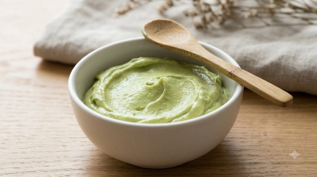 A smooth creamy light green DIY avocado face mask in a small elegant ceramic bowl with a small bamboo spatula resting on