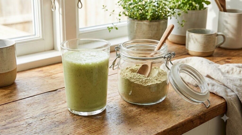 A glass of water or a smoothie with the daily beauty powder mixed in ready to be consumed next to an airtight container