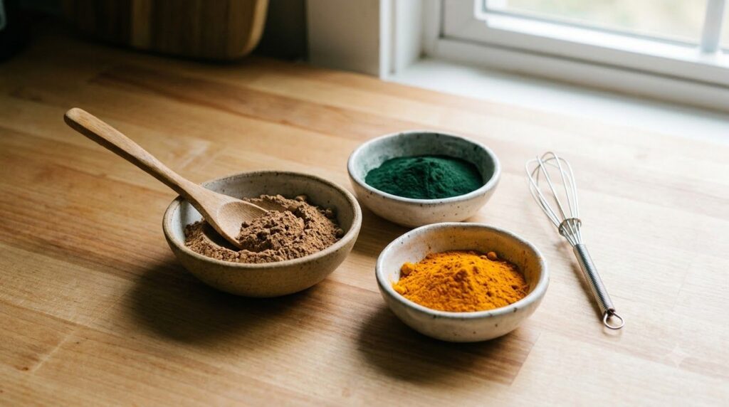 Various beauty powder ingredients laid out on a kitchen counter with small bowls ready to be mixed